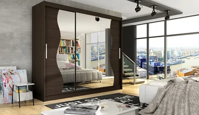 A spacious wardrobe with mirrored doors is shown in a modern bedroom with a large window overlooking a city skyline.