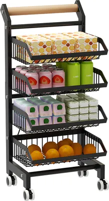 A black metal rolling cart with three shelves filled with various items, including boxes, cans, tissues, and fruit. The cart has a wooden handle and wheels.