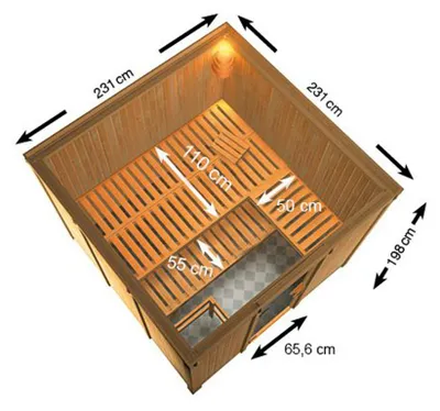 Produktbild von KARIBU Elementsauna Celine 8 Fichte natur 68 mm, Innensauna für 2 3 Personen, Systembauweise mit bronzierter Ganzglastür, 3 Liegen, Ofenschutzgitter, energiesparende Sandwich Dämmung