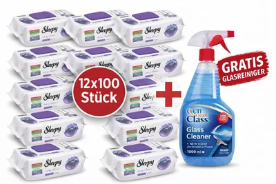 Produktbild von Sleepy Easy Clean Oberflächenreinigungstücher – 12x100 Montain + Glasreiniger GRATIS