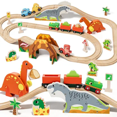 Productafbeelding van Houten dinosaurus trein met rails en vulkaan voor kinderen
