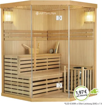 Produktbild von Artsauna Saunakabine Espoo150 Premium mit Harvia Ofen – 3 Personen – Hemlock Holz, Glasfront und LED Licht – Inkl. Thermometer & Sanduhr –Komplett Set
