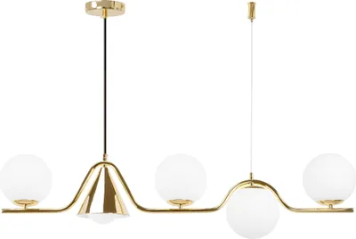 A gold chandelier with five white globe lights against a white background.
