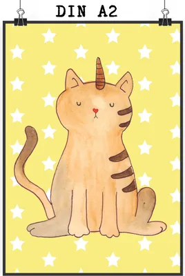 Produktbild von Mr. & Mrs. Panda Bild Einhorn Katze DIN A2 - Gelb Pastell - Geschenk, Regenbogen, Wanddekoration, Unicorn, Glitzer, drucke, Kunstdruck, Mieze, Wandbild, wanddeko
