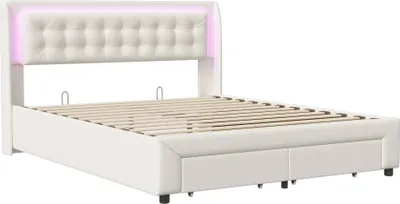 Obrázek produktu pro UnboxG Čalouněná postel 180x200 cm s LED diodou, postel pro mladé Manželská postel s roštovým rámem a 2 zásuvkami, funkční postel Manželská postel s roštovým rámem a sametovým potahem v béžové barvě