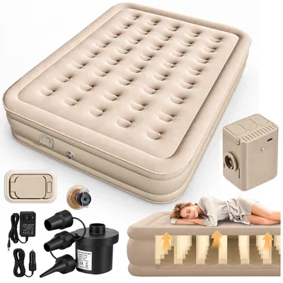 Imagen del producto de Colchón Hinchable Para 2 Personas Con Almohada Bomba Eléctrica Beige 198x152 Cm