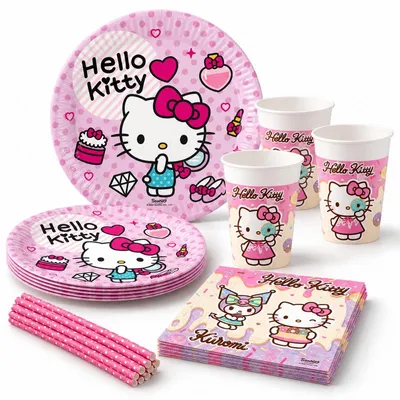 Produktbild von Hello Kitty Partyset Kindergeburtstag Einweggeschirr Teller Becher Servietten Geburtstag Deko