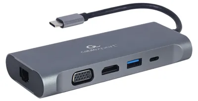Produktbild von Gembird A-CM-COMBO7-01, USB 3.2 Gen 1 (3.1 Gen 1) Type-A, 100 W, Grau, MicroSD (TransFlash), SD, 30 Hz, 3.5mm, HDMI, RJ-45, USB 3.2 Gen 1 (3.1 Gen 1) Type-A, USB 3.2 Gen 1 (3.1 Gen 1) Type-C, VGA