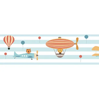 Produktbild von Lovely Kids selbstklebende Kinderzimmer Bordüre Flying Party blau orange braun weiß 5,00 m x 0,155 m
