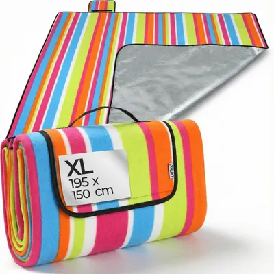 A folded and an unfolded picnic blanket with colorful stripes.