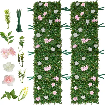 Zdjęcie produktu dla SucceBuy Sztuczna żywopłot 2,4 m x 61 cm 2 szt., ścianka roślinna, osłona z PE, ogrodzenie z jedwabnymi kwiatami, sztuczna żywopłot, okładzina balkonowa na wesela, do ogrodów i podwórek
