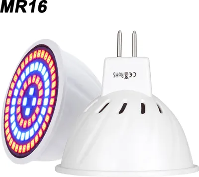 Two MR16 LED grow lights are shown against a white background. One light is angled to show its reflective interior with red and blue LEDs, while the other is shown from the side, revealing its base and plug.