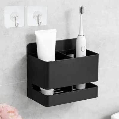 Obrázek produktu pro Držák na zubní kartáčky, nástěnný, hliník, černý, 2 kusy, organizér do koupelny s háčky, rozměry 11 x 7 x 9,8 cm, bez nutnosti vrtání