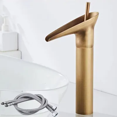 Produktbild von Antikmessing-Waschtischarmatur, Wasserfall-Einhebelmischer, hohe Waschtischarmatur im Retro-Gold-Stil, Einhebelmischer für Badezimmer