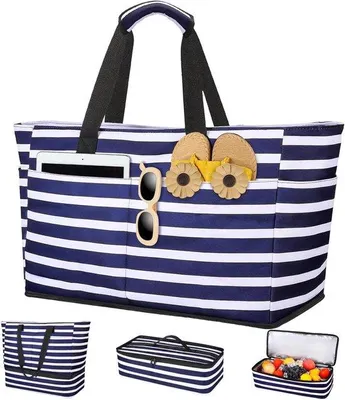 Image de Grand sac de plage 49 L, imperméable, bleu et blanc, léger