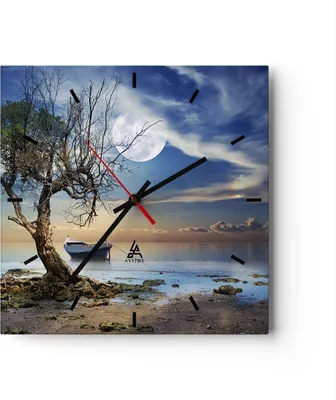 Produktbild von Wanduhr - Quadrat - Glasuhr - Nacht Mond Boot - 30x30cm - Schleichendes Uhrwerk - Lautlos - zum Aufhängen bereit - Dekoration Modern - Wanddekoration aus Glas - C3AC30x30-3457