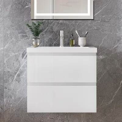 Produktbild von 60 cm Badmöbel-Set Unterschrank mit Mineralguss waschtisch 2 Schubladen soft-close Hochglanz Weiß Selbstmontierter