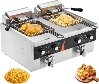 Produktbild von SucceBuy Kommerzielle Fritteuse, elektrische Fritteuse für die Arbeitsplatte, Doppeltank mit 3000 W x 2 Leistung, 5,9 l Doppel-Ölfritteuse mit 2 Körben, aus verdicktem Edelstahl