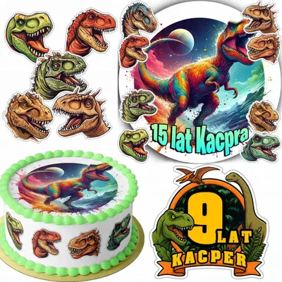 Produktbild von Zestaw Opłatek Na Tort 20Cm + 16 Postaci - Dino Dinozaur + Imię 15Cm 18Cm