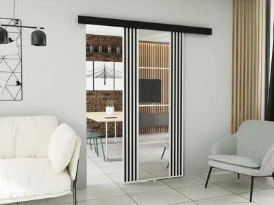Produktbild von Schiebetür mit Spiegel 80 cm Elora - Schwebetür mit Lamellen imitation, Design Zimmertür - Schiebetürsystem (Weiß)