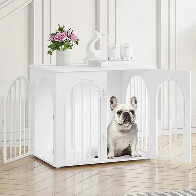 Produktbild von Hundekäfig Möbel, 68cm Hundebox für Zuhause, 3 Türen, Bogentür, Moderne Hundebox Indoor für Hunde, Beistelltisch, Hundekäfig Hochbelastbar, 68 x 49 x 56 cm, Weiß DFC85513W