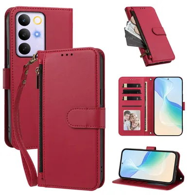 Image de Étui portefeuille pour Realme C85 Pro, en cuir PU, avec compartiments pour cartes, support et dragonne. Couleur : rouge