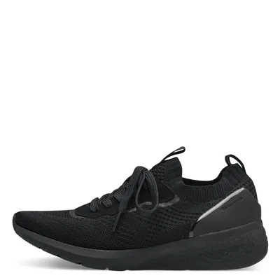 Produktbild von Tamaris Damen Sneaker Schwarz Gr. 40 EU, Sock-Schnürschuh, Keilabsatz, Halbschuh, Textil-Synthetik-Mix. Mit herausnehmbarem Fußbett, Vegan, Stretch, Bloom Outsole. Geringes Gewicht, angenehmes Fußklima. 30mm Absatz, 20mm Plateau. Art.-Nr. 1-23714-42.
