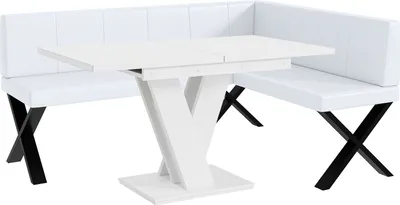 Produktbild von MEBLINI Eckbank für Esszimmer mit ausziehbarem Tisch  - Küchenbank - Essecke - Sitzecke Küche - PETER - X-Beine 128x168x87cm Rechts - Weiß Kunstleder/M Weiß Matt