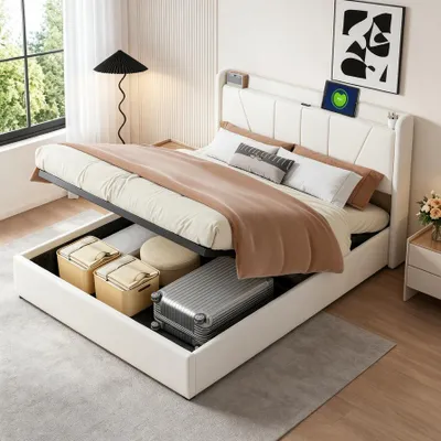 Produktbild von INONEFT Polsterbett Boxspringbett 140x200 mit USB und Typ-C Ladeanschluss, Doppelbettgestell mit Stauraum et Lattenrost, Ohne Matratze, Leinen, Beige