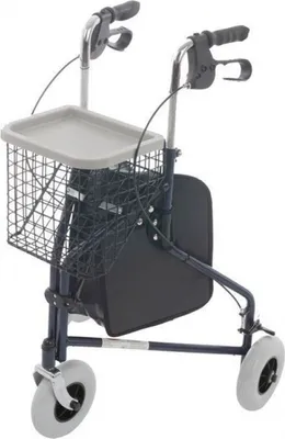 A three-wheeled walker with a basket, bag, and tray.