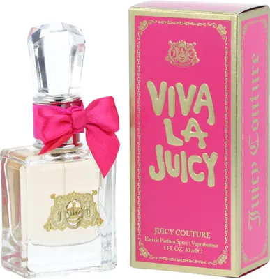 A bottle of Juicy Couture Viva La Juicy eau de Parfum and its pink packaging are displayed against a white background.