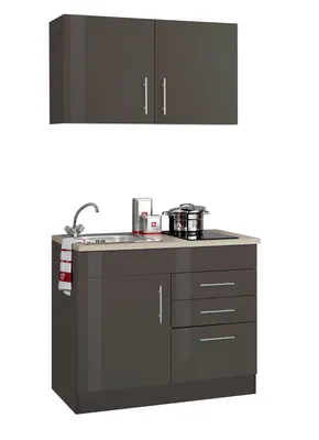 Productafbeelding van Held Möbel, compacte keukenunit Toronto, 100 cm breed, in grafietglanz, met glaskeramische kookplaat en RVS spoelbak