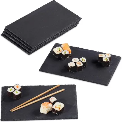 Image de Plateau de service Leisteen, lot de 6, dimensions 26 x 16 cm - Pour servir et écrire dessus - Idéal pour les buffets - Sous-verre rectangulaire - Couleur anthracite