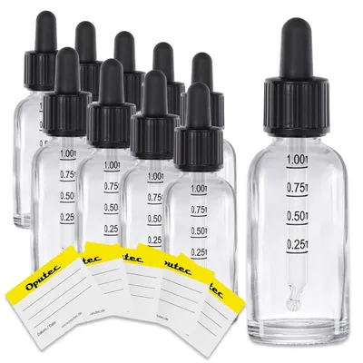 Produktbild von Oputec 10x 30ml Klarglas Pipettenflaschen - Pipette mit Skala, kindersicher und dicht - für Öle Aromen Essenzen