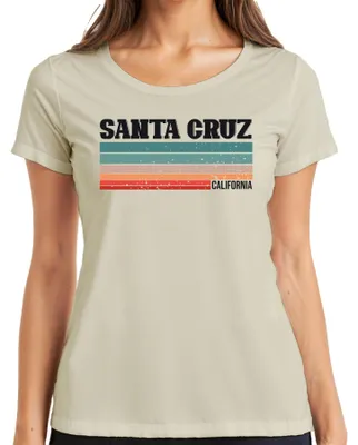 Immagine prodotto di T-shirt da donna, stile vintage retrò, con motivo a righe, ispirato agli anni '70 e '80, con stampa "Sunset", taglia L, colore naturale
