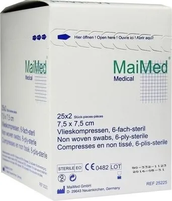 Obrázek produktu pro MaiMed netkané kompresy sterilní 6vrstvé 25 x 2 kusy 7,5 x 7,5 cm
