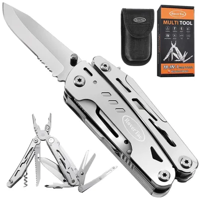 Immagine prodotto di Multitool pieghevole 18-in-1 con pinza, cacciaviti, apriscatole, forbici rimovibili, acciaio inossidabile, colore argento, completo di custodia in nylon