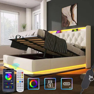 Image de Lit rembourré de haute qualité avec éclairage LED 360°, fonction de recharge USB type C et espace de rangement intégré, matériauPolyuréthaneblanc, 140x200 cm