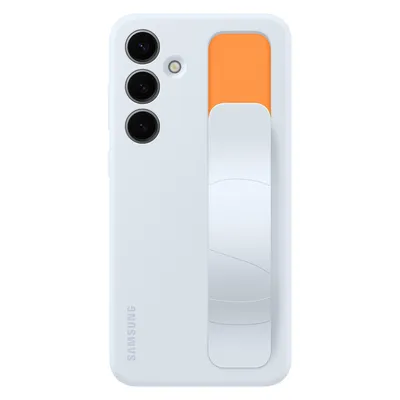 A white Samsung phone case with an orange accent and a white grip.