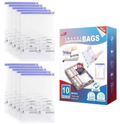 Image de Sacs de rangement sous vide pour vêtements, idéal pour les voyages, 10 pièces, 60 x 40 cm, couleur violet, réutilisables, gain de place