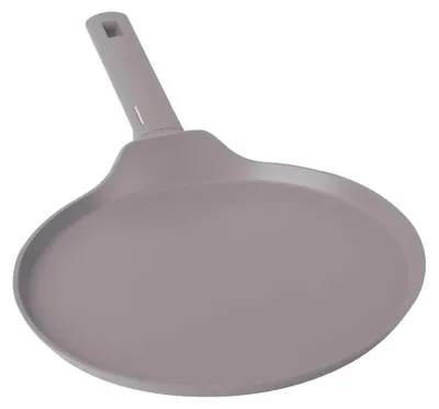A gray non-stick frying pan with a handle, shown from a slightly elevated side angle against a white background.