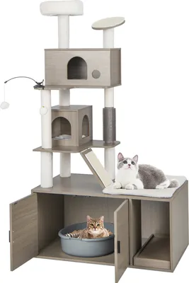 A multi-level cat tree with enclosed spaces and scratching surfaces, featuring two cats.