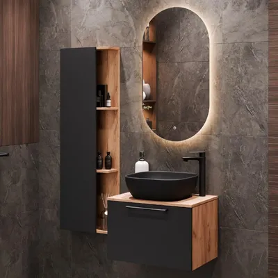 Produktbild von Planetmöbel Waschtischunterschrank Astra 60 cm Gold Eiche/Anthrazit mit schwarzem Waschbecken, LED-Spiegel und Seitenschrank