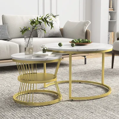 Produktbild von CDGlobal Modern Rund Couchtisch 2er Set, Satztische, wasserdichte Metallhalterung und Marmormuster, für Wohnzimmer, Balkon, Büro