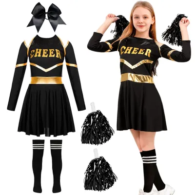 Cheerleader-Kostüm für Mädchen, Kleid mit Pompons und Socken, Gr. 140
