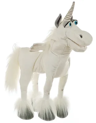 A stuffed unicorn toy standing on a white background.