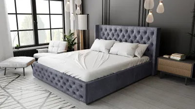 Obrázok produktu pre Čalúnená posteľ 140x200 cm Rolia - Chesterfield dvojposteľ - úložný priestor, čelo, rošt - tmavošedý zamat