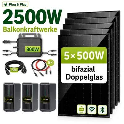 Produktbild von 2500 Watt Balkonkraftwerk mit Speicher Marstek B2500-D 6,72 kWh, 5x500Wp bifaziale Solarmodule Solarpanel PV Solaranlage Solarspeicher