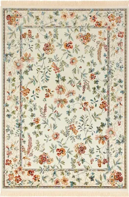 A close-up, top-down view of a floral rug.