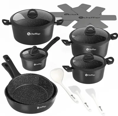 Produktbild von Topfset 15tlg Pfannenset,Antihaftbeschichtung Induktions Töpfe Set Non-Toxic Alu Kochtopf Set PFOA frei für Induktion alle Herde Schwarz